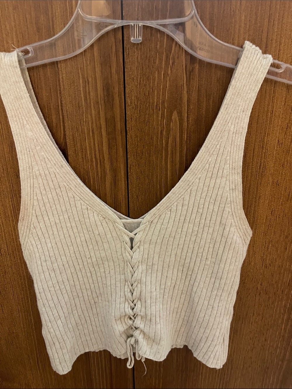 Sleeveless Ribbed V-Neck Lace-Up Tank Top - Cream